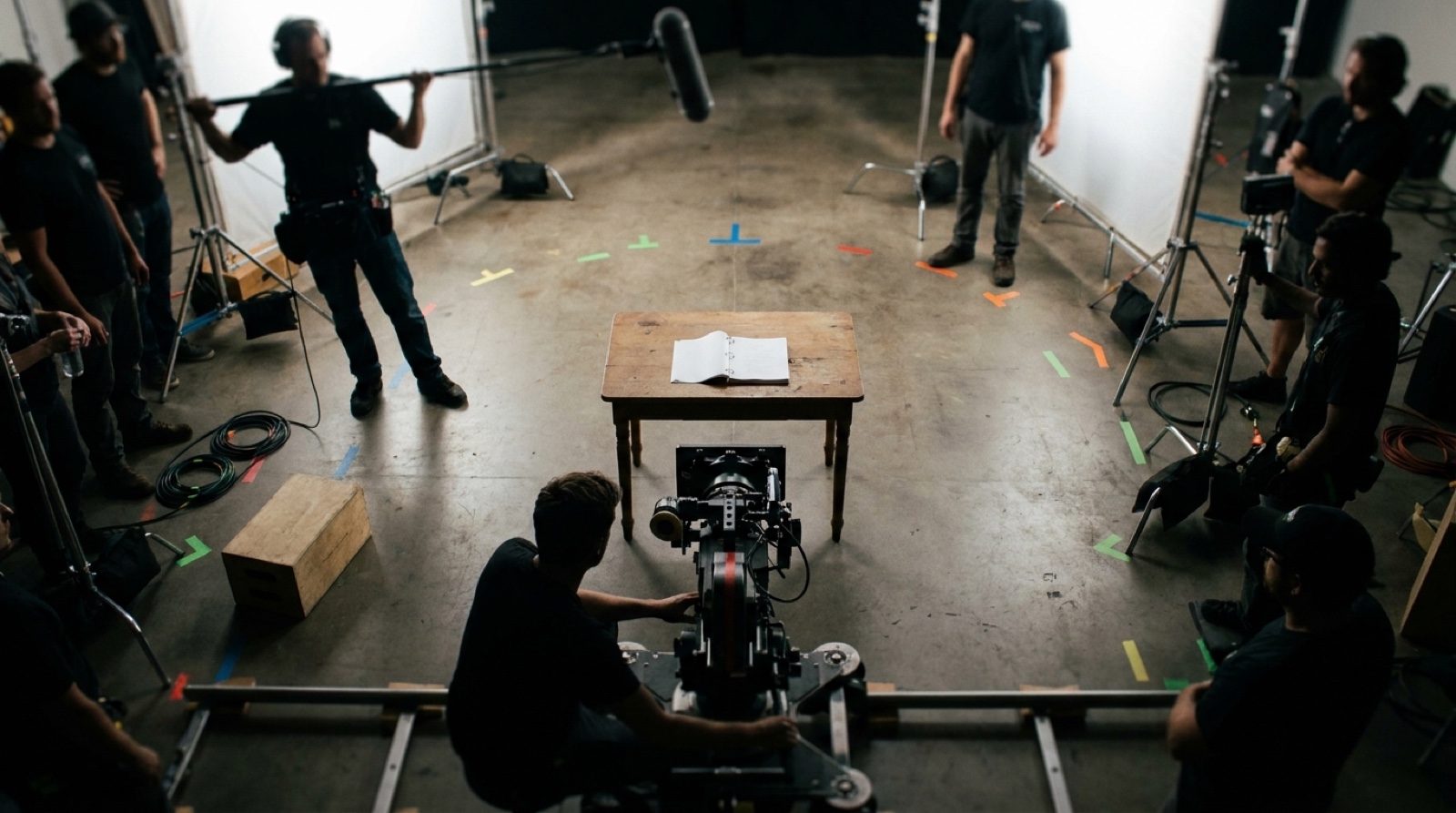 A full film crew on a soundstage, camera on a dolly, boom overhead, lights and tape marks on the floor, all of it rigged and aimed at a single open screenplay lying on a small wooden table in the middle of the room.