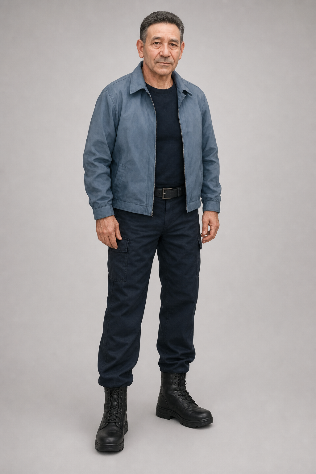 Full-body image of Frank — a solidly built man in his 60s wearing a navy blue light jacket over a black t-shirt, dark trousers, and black military-style boots.