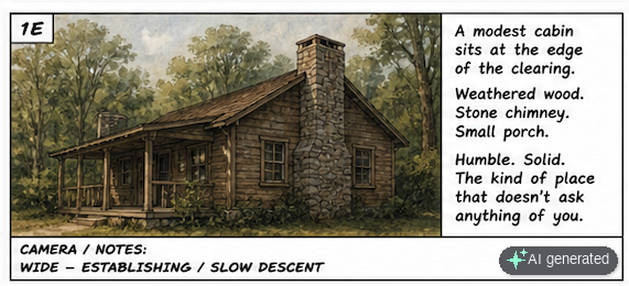 A Screenplay Assistant storyboard panel: a wide establishing shot of a modest cabin at the edge of a clearing, with the scene description beside it.