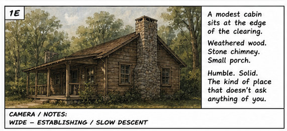 A Screenplay Assistant storyboard panel: a wide establishing shot of a modest cabin at the edge of a clearing, with the scene description beside it.