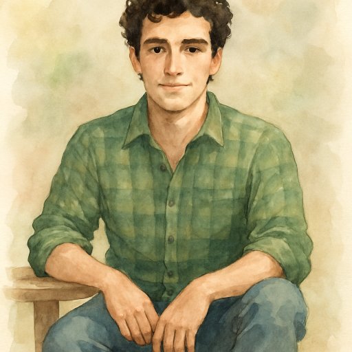 Watercolor portrait of Josh — a mid-20s man with dark curly hair in a green plaid shirt and blue jeans, sitting.