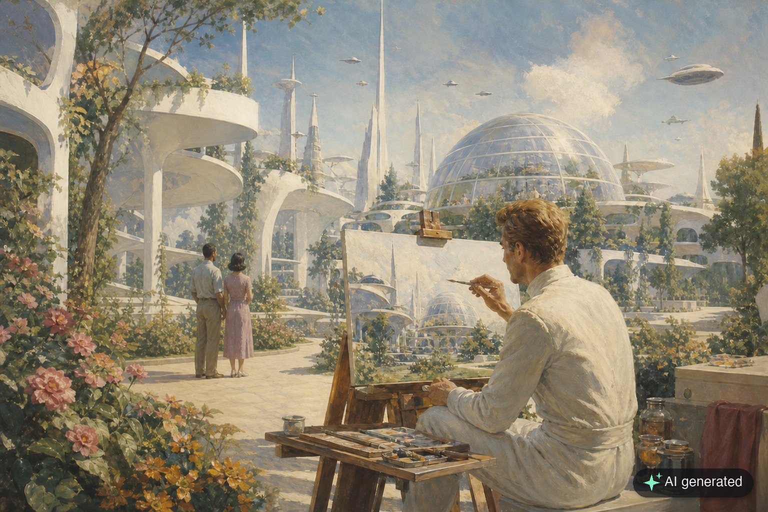 A vintage sci-fi paperback style painting: an artist seated at an easel painting in a futuristic garden city of glass domes and white spires, two onlookers off to the side.