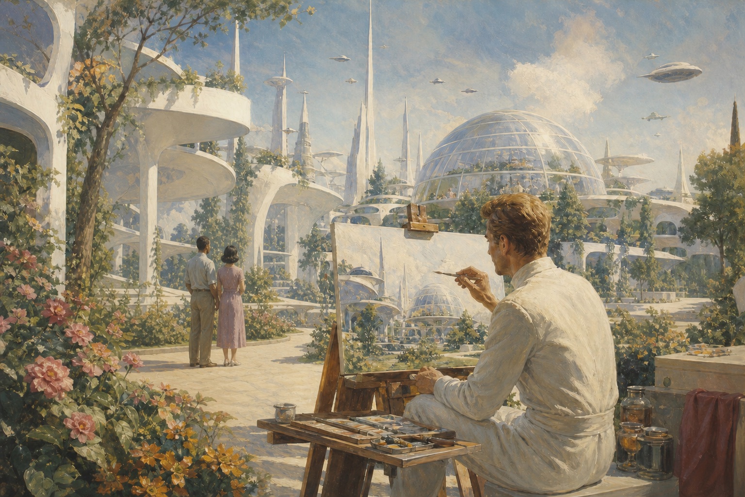 A vintage sci-fi paperback style painting: an artist seated at an easel painting in a futuristic garden city of glass domes and white spires, two onlookers off to the side.