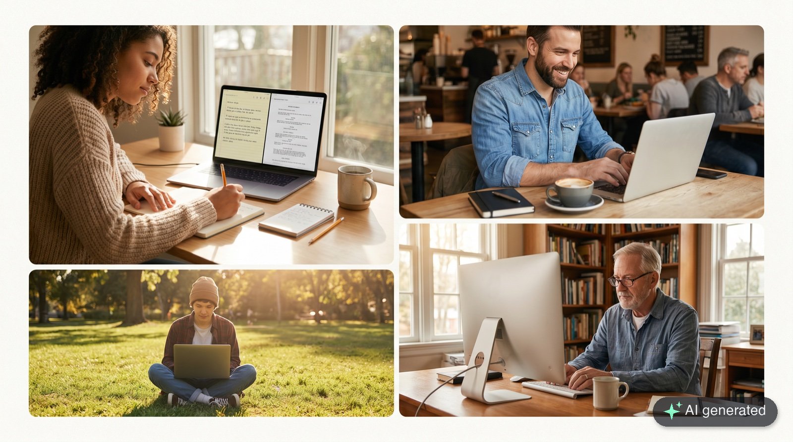 A lone writer at a small desk in warm lamplight at night, writing by hand in a notebook beside a laptop, with a few other writers at their own glowing desks in the background — company in the work.