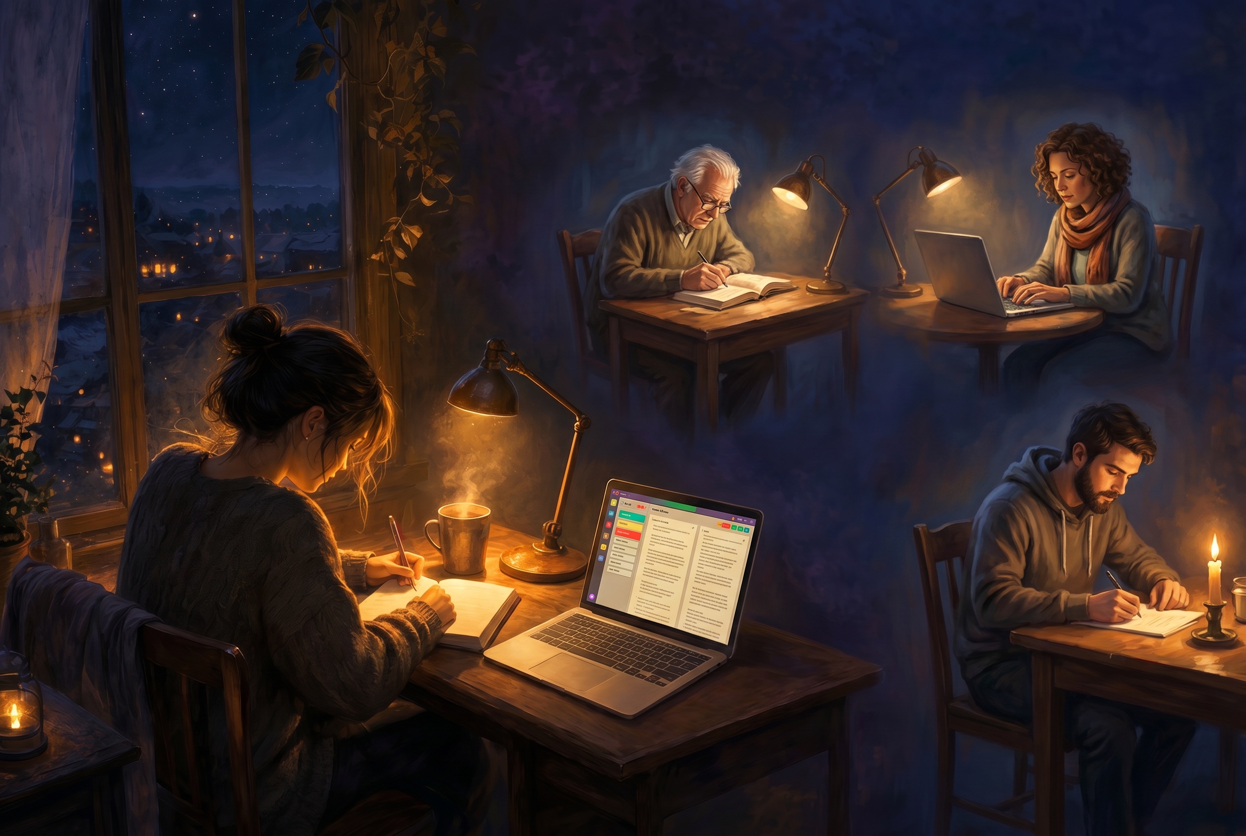 A lone writer at a small desk in warm lamplight at night, writing by hand in a notebook beside a laptop, with a few other writers at their own glowing desks in the background — company in the work.