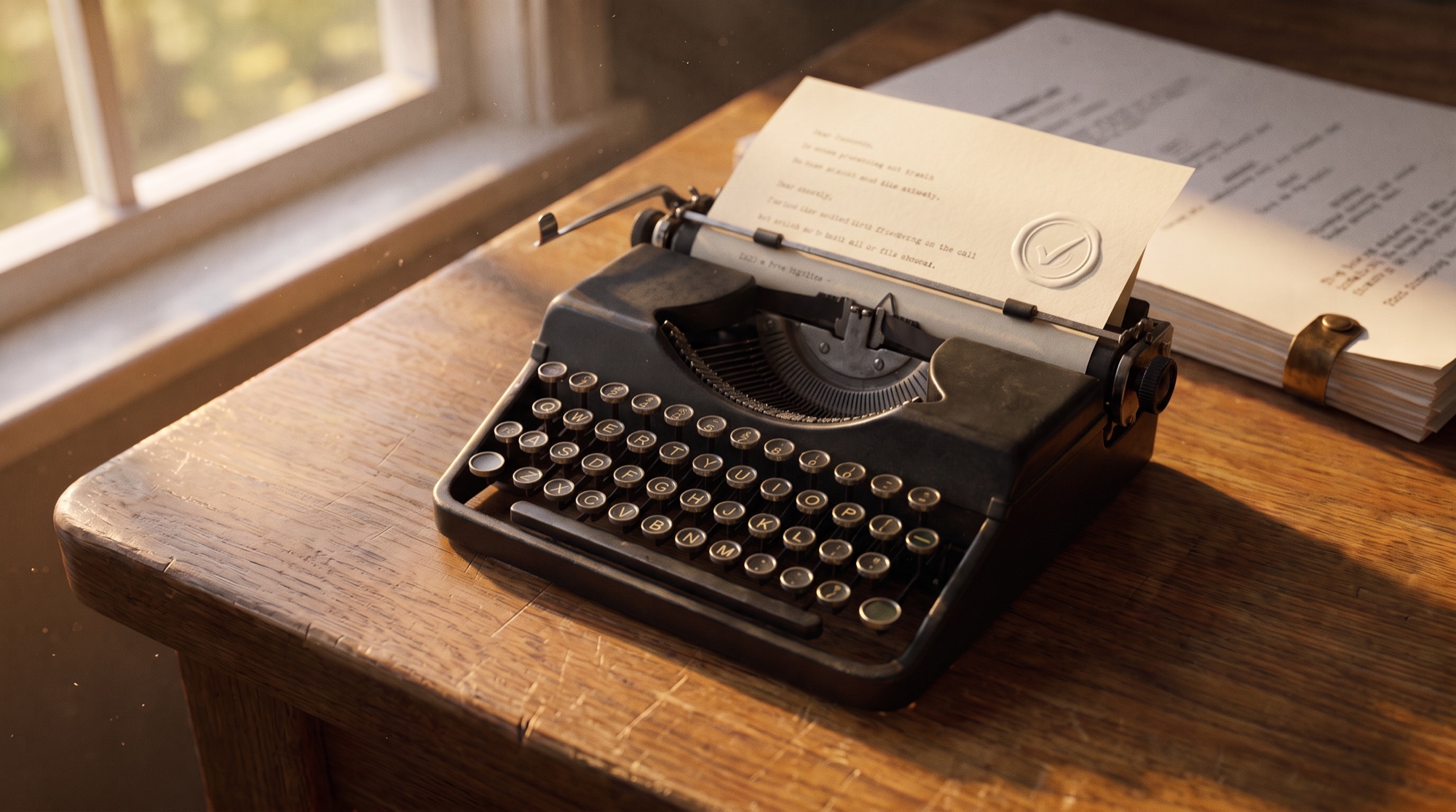 A vintage typewriter on a worn wooden desk in warm window light, a typed page rising from the roller with a seal embossed into the paper, a check mark in its center, and a bound screenplay on the side of the desk.