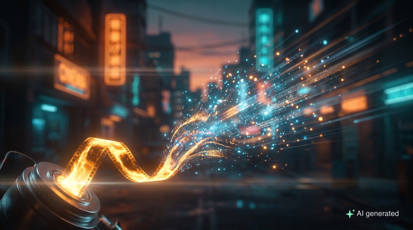 A glowing strip of motion-picture film unspools into a burst of light and motion against a moody cinematic city at dusk, evoking AI bringing video to life.