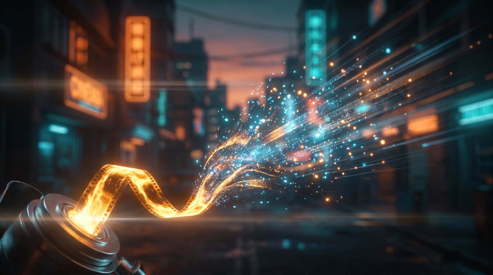 A glowing strip of motion-picture film unspools into a burst of light and motion against a moody cinematic city at dusk, evoking AI bringing video to life.