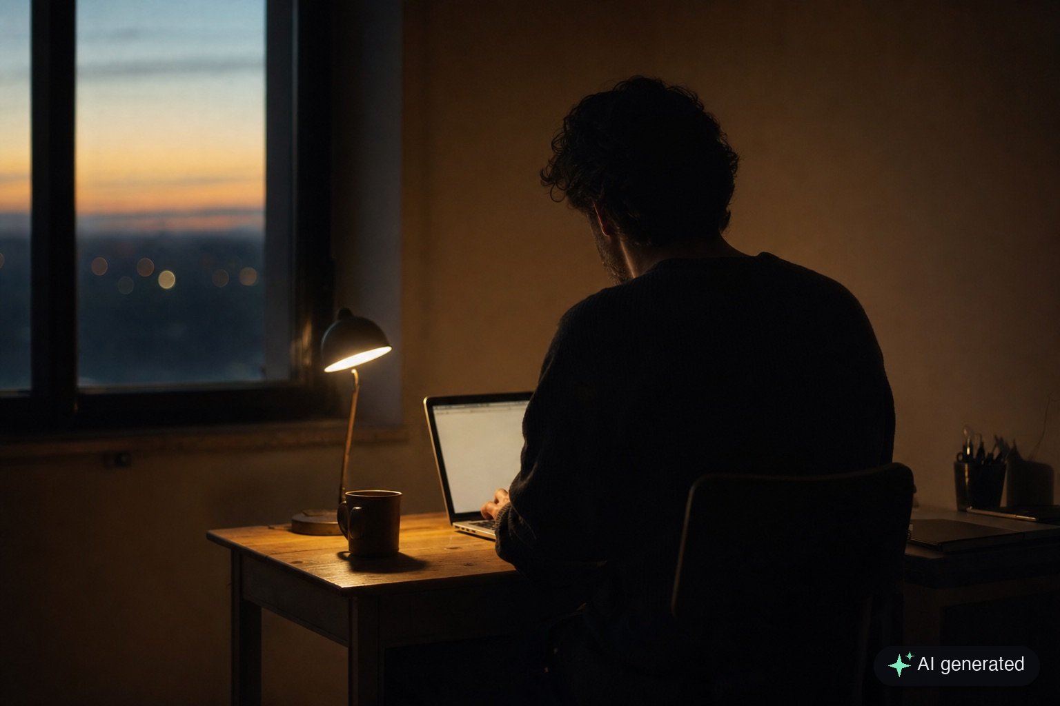 A lone screenwriter at a small desk at dusk, seen from behind in warm lamplight, writing on a laptop by a window with distant city lights beyond. Quiet and cinematic.