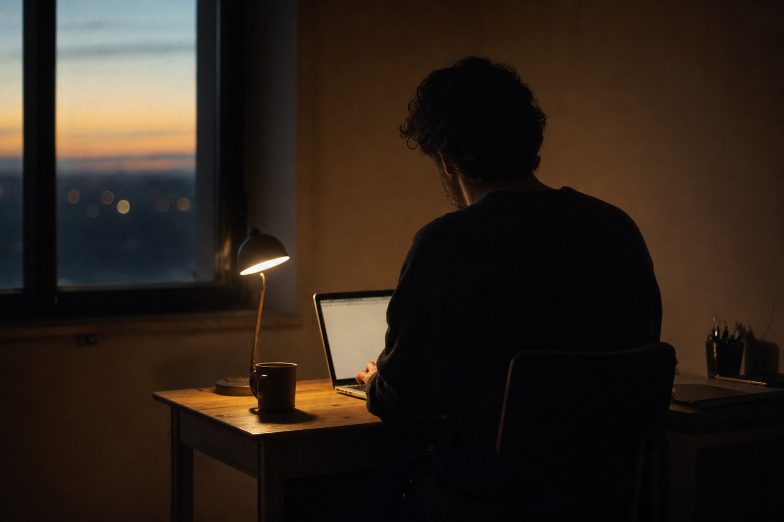 A lone screenwriter at a small desk at dusk, seen from behind in warm lamplight, writing on a laptop by a window with distant city lights beyond. Quiet and cinematic.