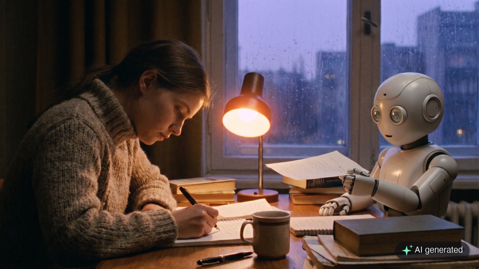 A writer works by hand at a warm desk at dusk while a friendly humanoid robot beside her holds a neatly formatted page. A small AI generated label sits in the corner.
