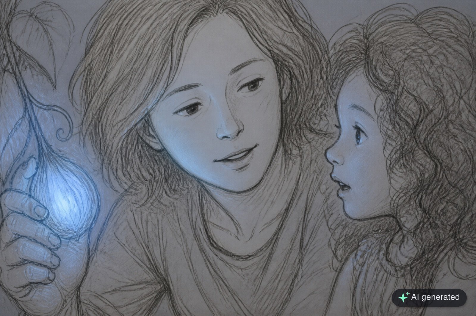 A pencil illustration of a storyteller holding a glowing seed of light as a wide-eyed child looks on in wonder.