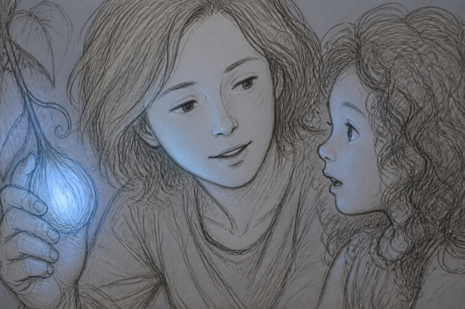 A pencil illustration of a storyteller holding a glowing seed of light as a wide-eyed child looks on in wonder.