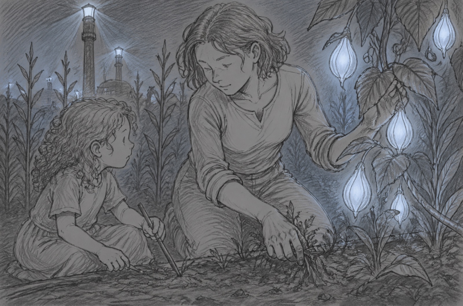 Pencil sketch of a glowing garden, the seed of a story coming to life